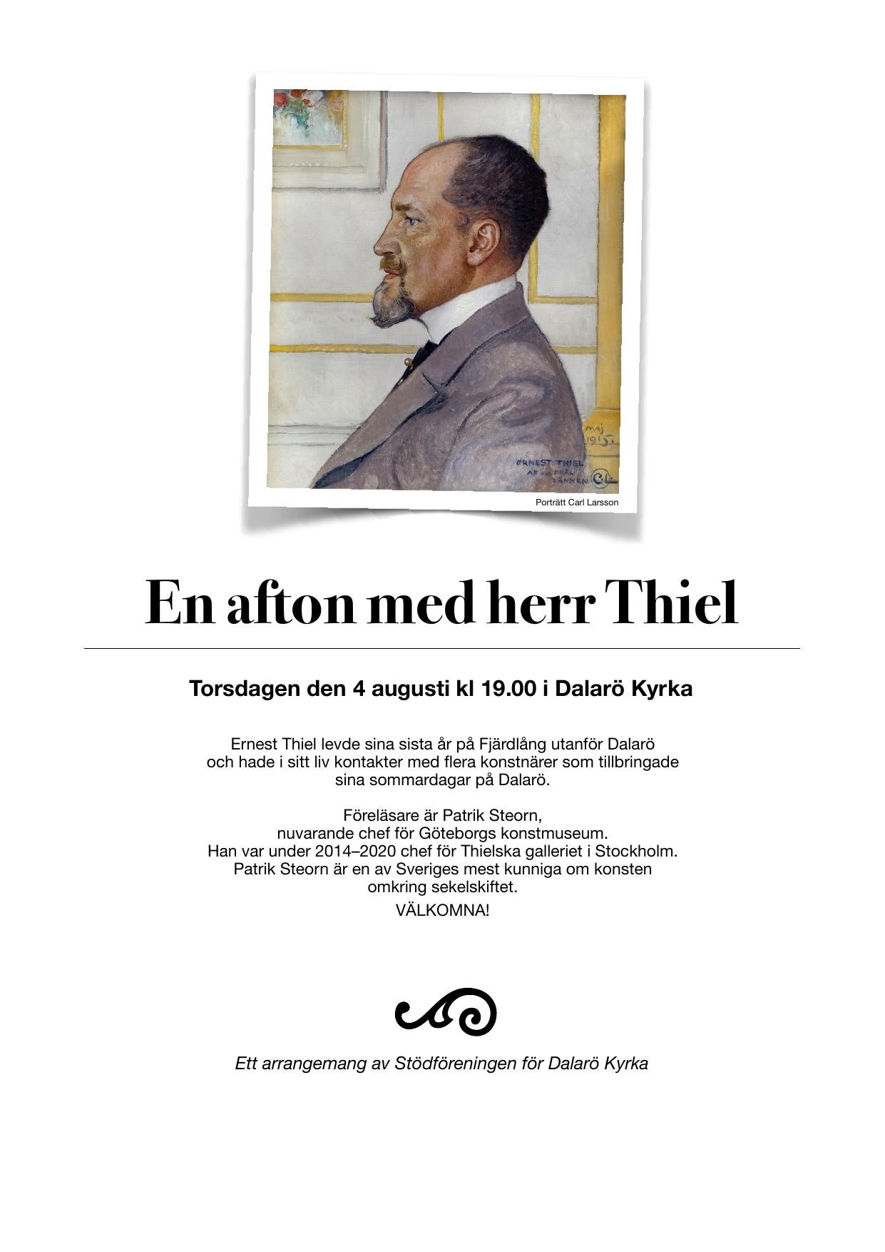 Affisch: En afton med herr Thiel — föredrag av Patrik Steorn