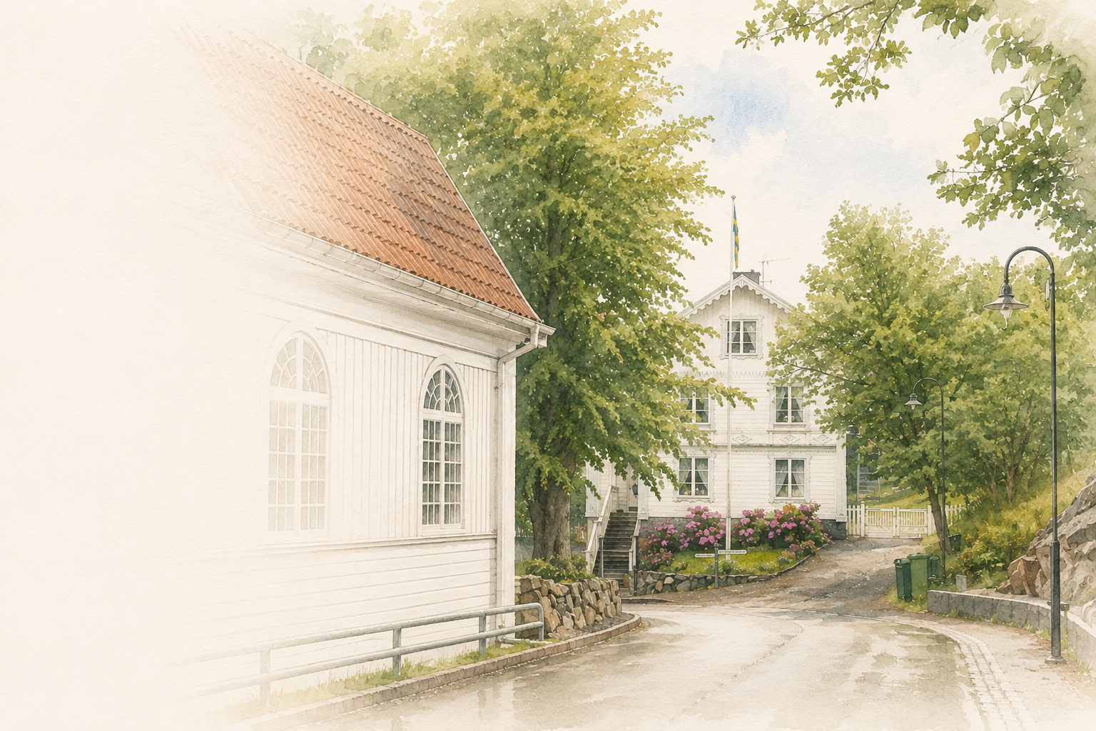 Akvarell av Dalarö kyrka och omgivande grönska